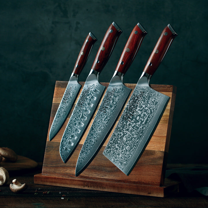 Quality Damascus Print Series 7-piece Knife Set + Acacia Wood Magnetic  Knife Holder - Style 1