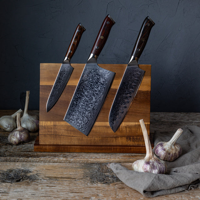 Kitchen Knife Set Kit | Black Handle & Red Magnetic Rack