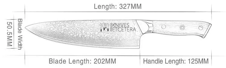 A blueprint of the 8" Damascus Chef's Knife