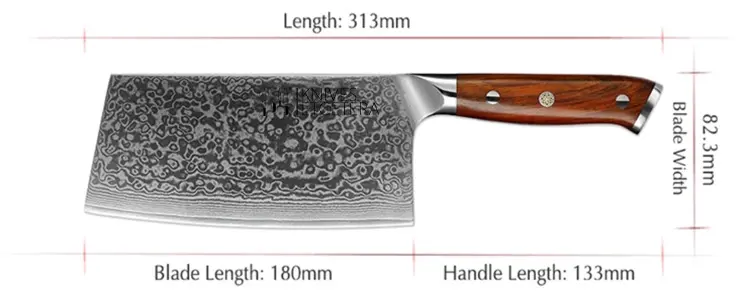 A blueprint of the 7" Damascus Cleaver Knife