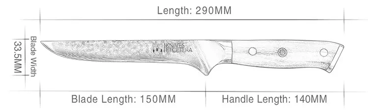 A blueprint of the 6" Damascus Boning Knife